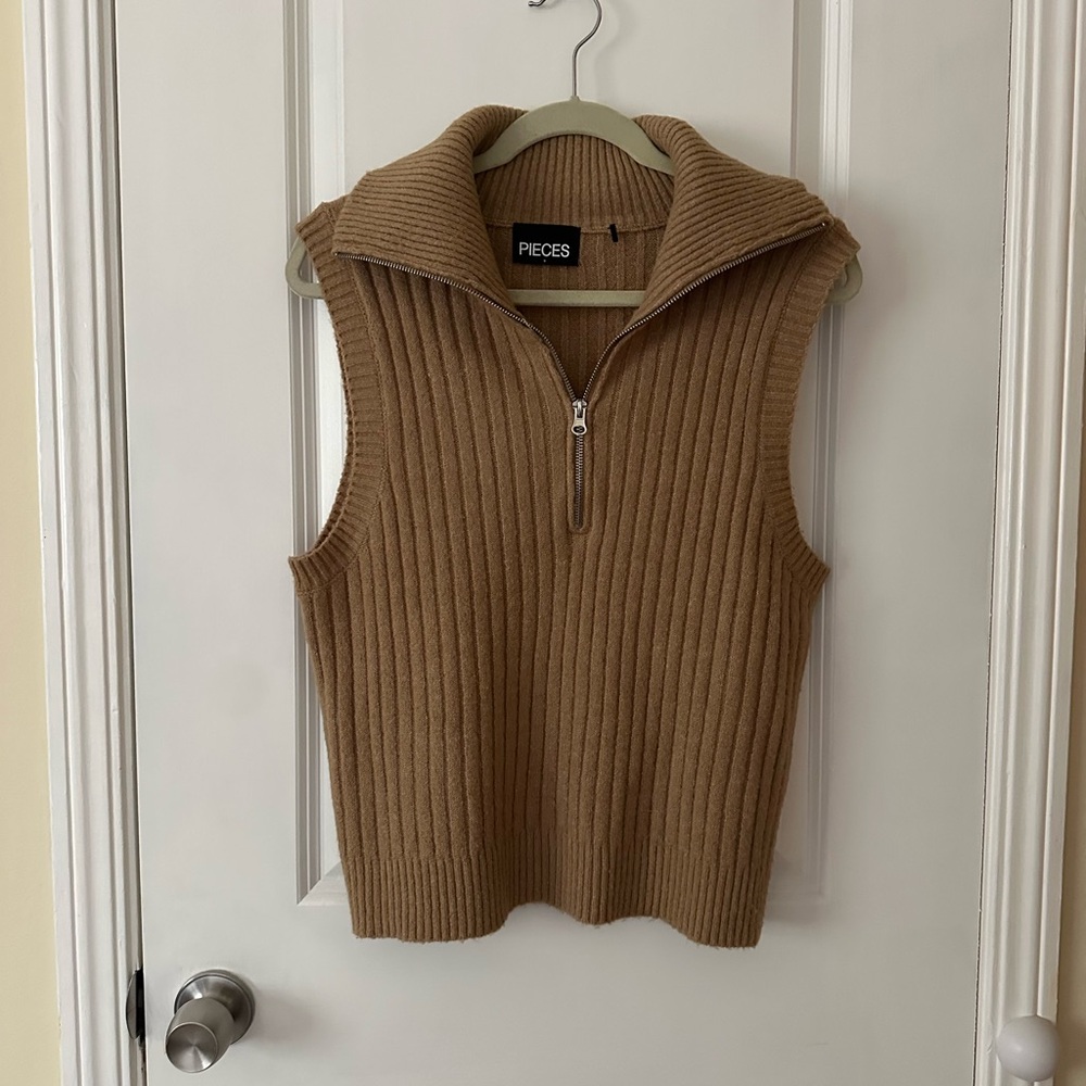 ASOS Sleeveless Ribbed Zip Mock Neck Sweater Vest in Camel